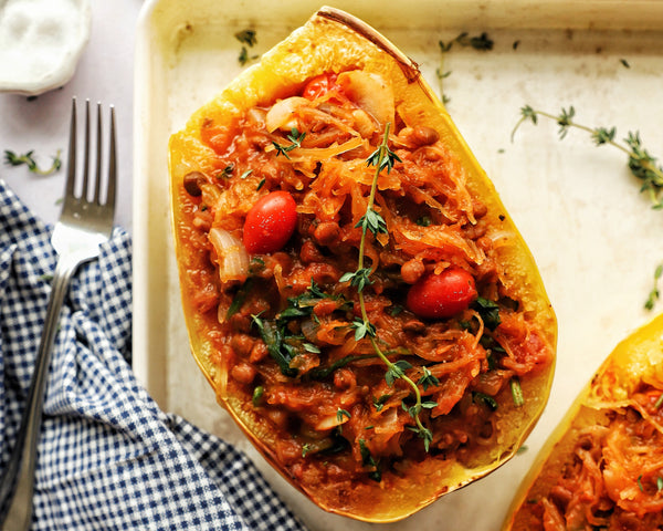 Baked Lentil Red Sauce Spaghetti Squash Boats