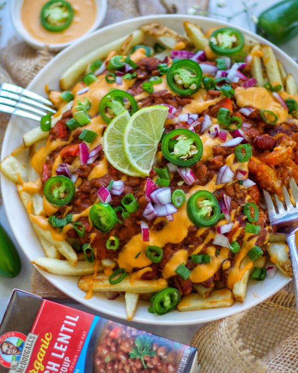 Vegan French Lentil Chili Cheese Fries by Francesca of @plantifullybased