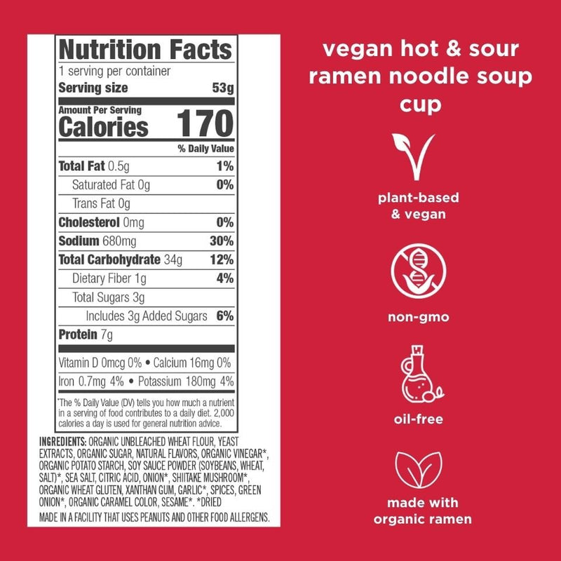 Dr. McDougall's Vegan Hot & Sour Ramen Noodle Soup Cups - made with organic ramen nutritional information